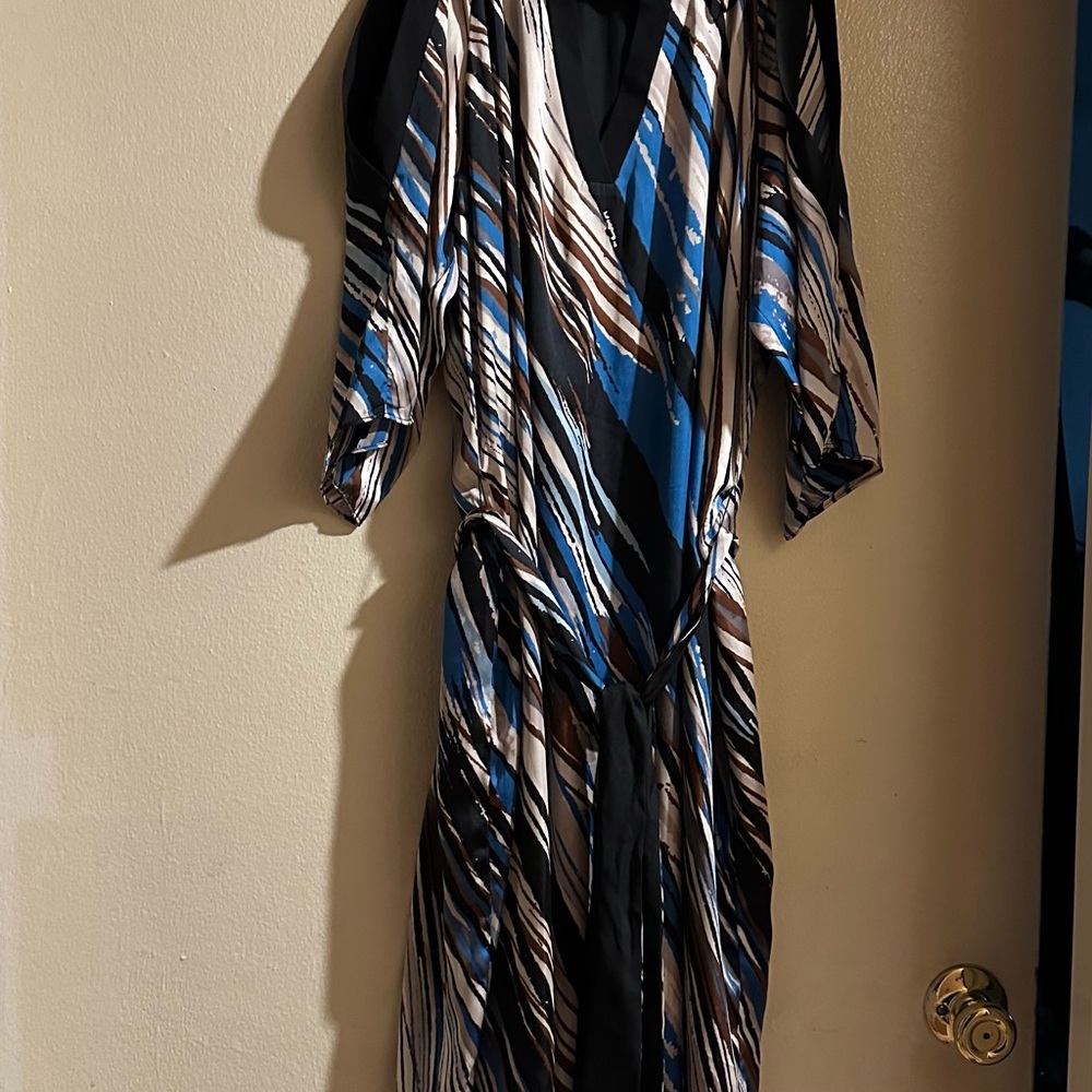 Rare Donna Ricco Blue and Brown Striped Long Sleeve Dress
